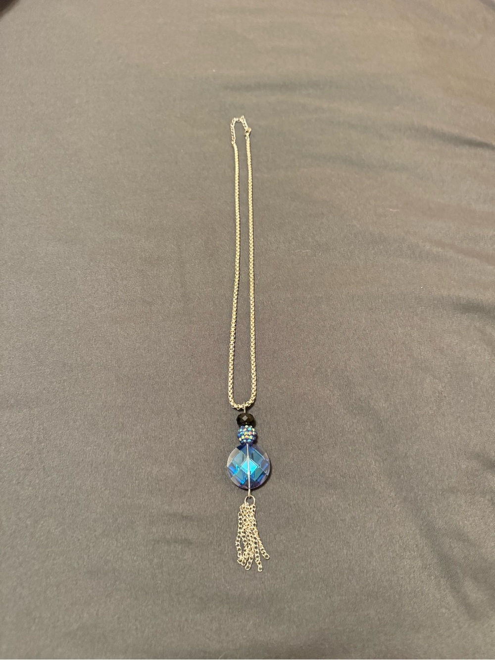 Silver Chain Necklace with Blue Faceted Pendant and Tassel